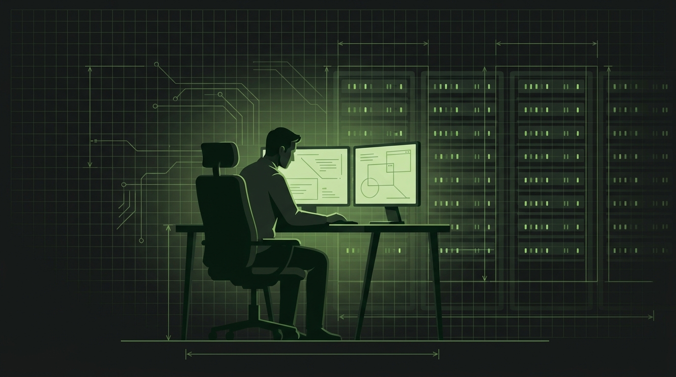IT-Techniker an zwei Monitoren mit Serverrack im Hintergrund